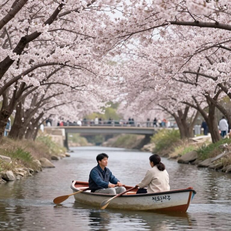 치도리가후치 해자에서 분홍색 벚꽃 아래 보트 타는 모습