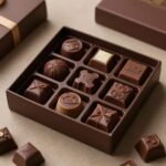 이모티콘이 그려진 디자인 초콜릿 세트가 박스에 담겨 있는 모습