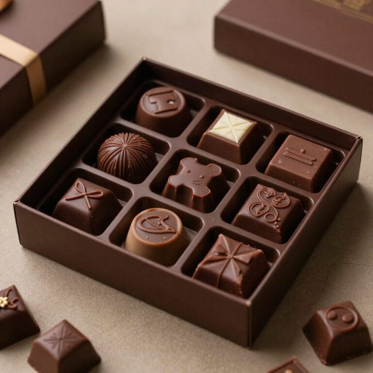 이모티콘이 그려진 디자인 초콜릿 세트가 박스에 담겨 있는 모습
