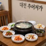 대전 추어명가 본점의 따뜻한 추어탕과 다양한 반찬이 차려진 테이블