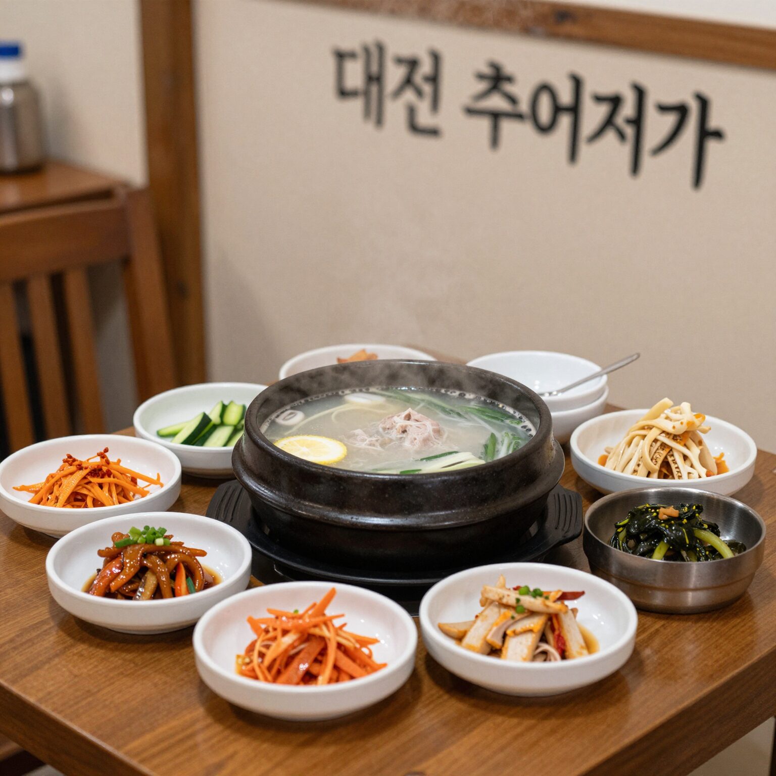 대전 추어명가 본점의 따뜻한 추어탕과 다양한 반찬이 차려진 테이블