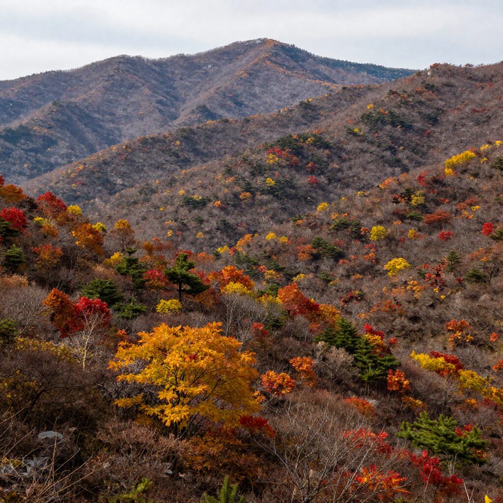 파키스탄 춘다 밸리의 가을 단풍과 산맥 풍경