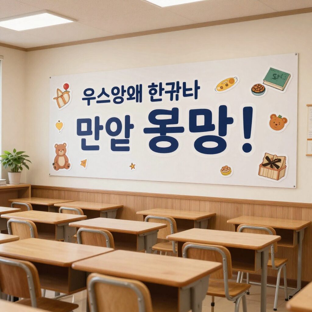 우드스티커와 현수막으로 꾸며진 밝고 따뜻한 교실 내부 모습