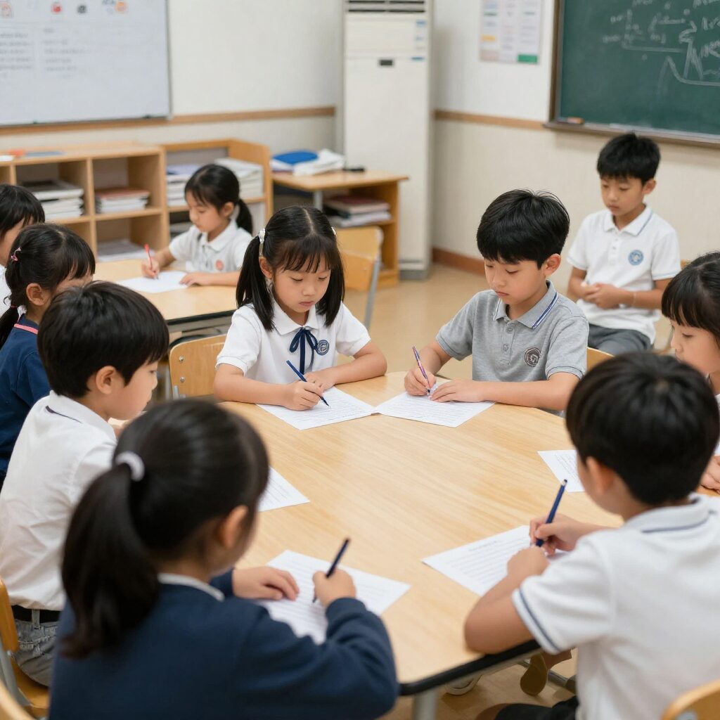 초등학교 1학년 교실에서 아이들이 함께 규칙을 배우고 있는 모습