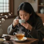 창밖에 꽃샘추위가 불어오는 날 실내에서 따뜻한 차를 마시며 휴식을 취하는 모습