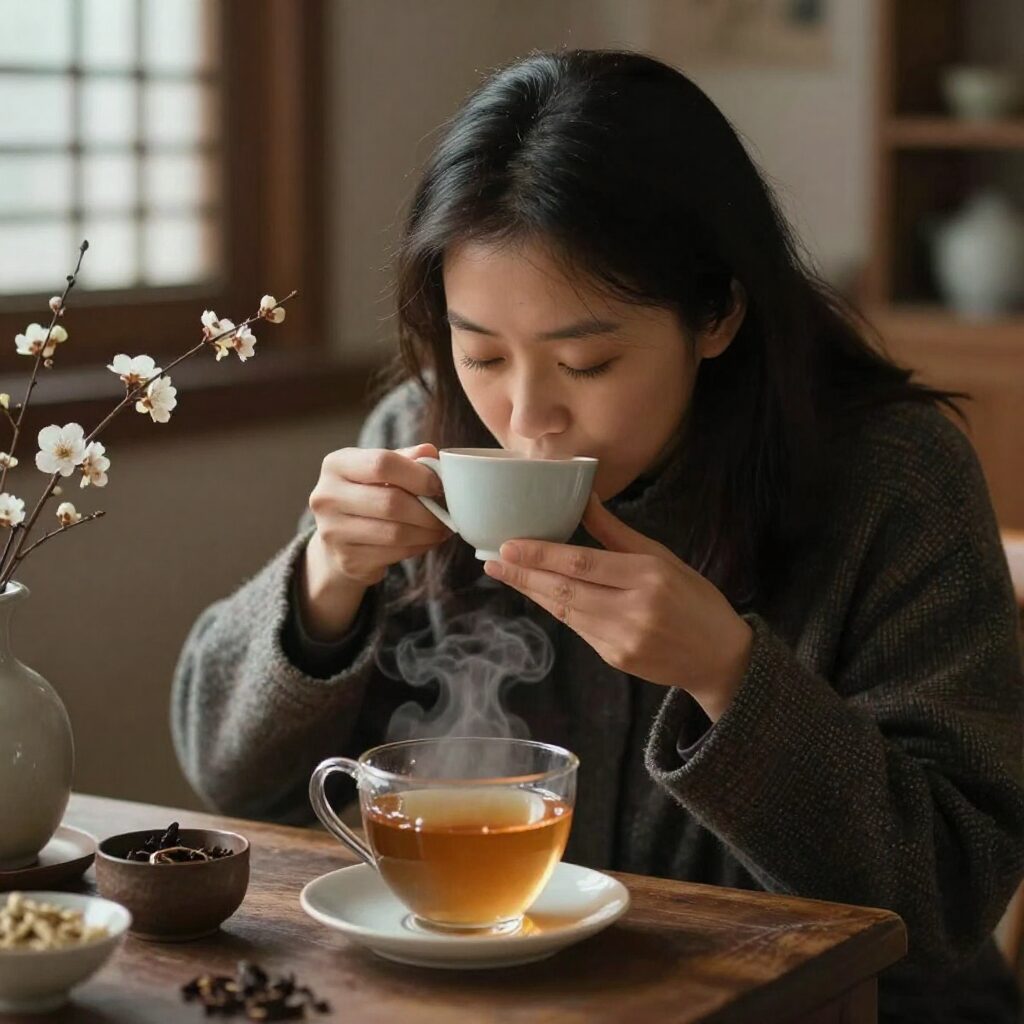 창밖에 꽃샘추위가 불어오는 날 실내에서 따뜻한 차를 마시며 휴식을 취하는 모습