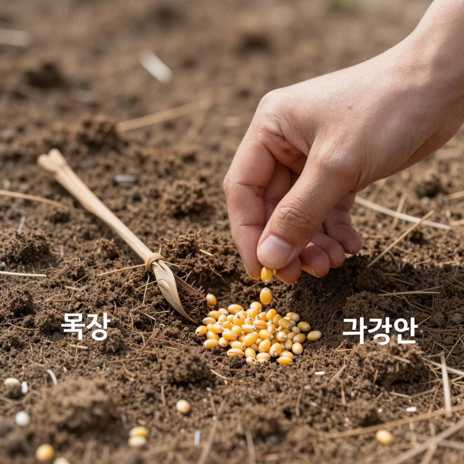 옥수수 씨앗을 흙에 심는 과정, 적정 간격과 깊이를 표시한 설명