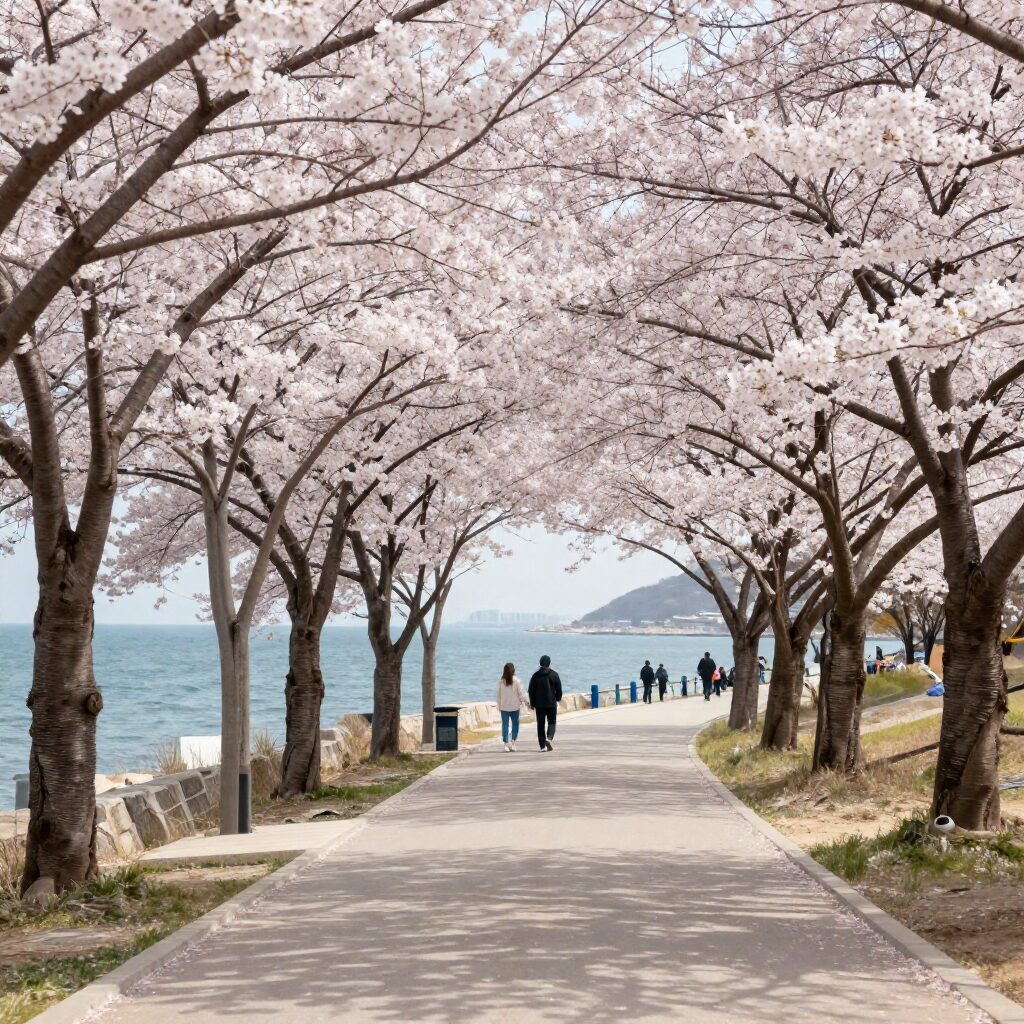 대왕암공원의 벚꽃 길과 바다 배경