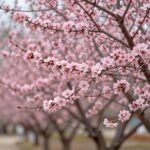 사천 대영농원의 수양매화가 늘어진 가지에 핀 화사한 분홍색 꽃들