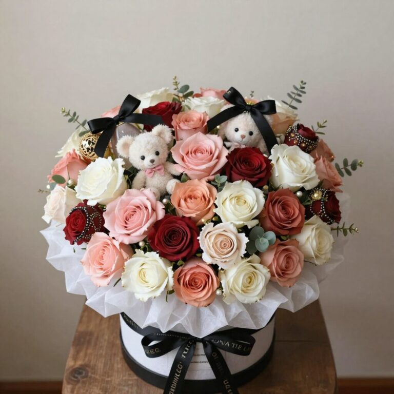 대구 인형이 들어간 사탕 꽃다발 예시 샤넬 장미와 인형이 조화를 이룬 예쁜 꽃다발