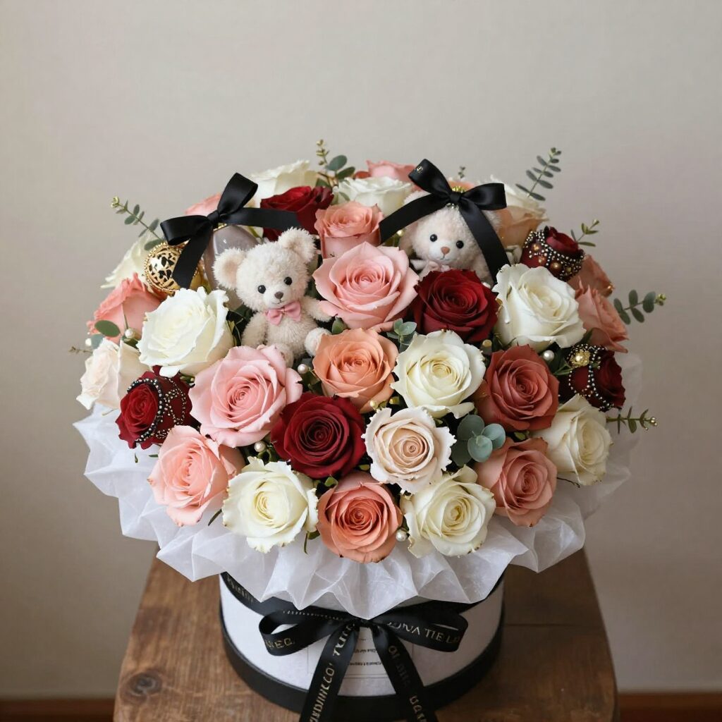 대구에서 찾는 특별한 사탕 꽃다발 추천 대구 인형이 들어간 사탕 꽃다발 예시 샤넬 장미와 인형이 조화를 이룬 예쁜 꽃다발