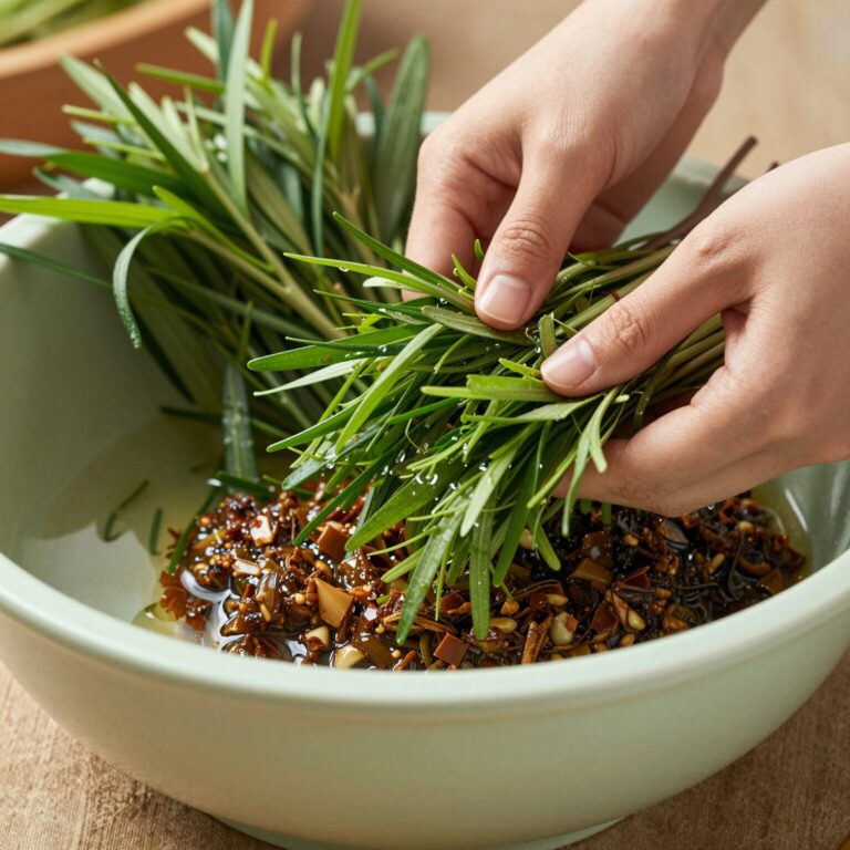 손질이 끝나 물기를 뺀 신선한 달래와 준비된 양념 재료들