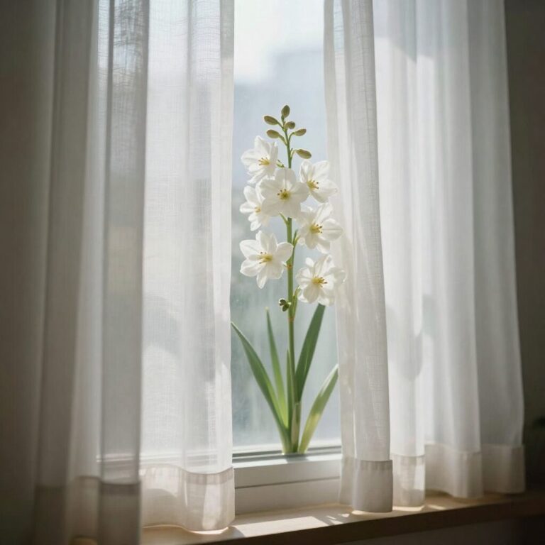 창가 레이스 커튼 너머 부드러운 빛을 받으며 피어난 흰색 긴기아난 꽃