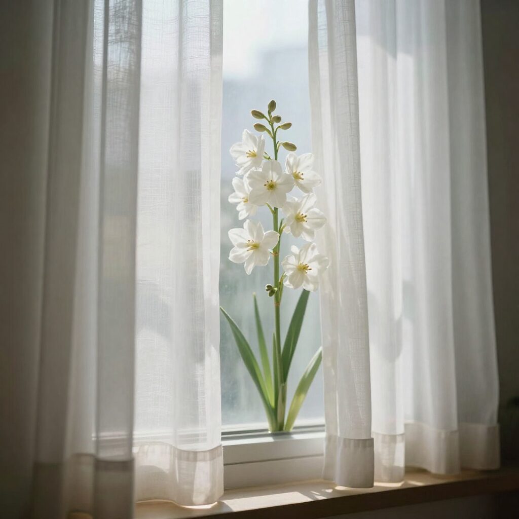 창가 레이스 커튼 너머 부드러운 빛을 받으며 피어난 흰색 긴기아난 꽃