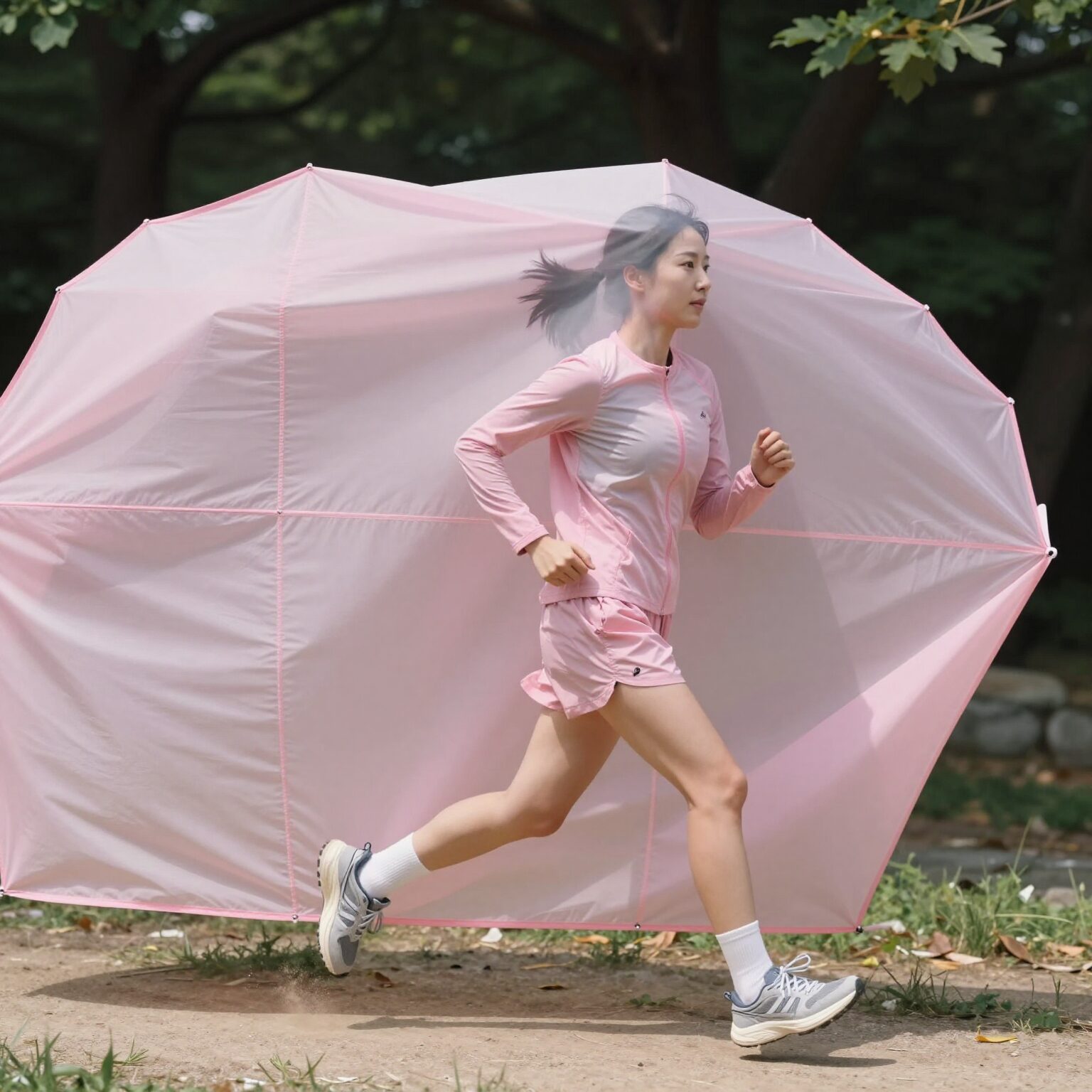 데상트 라이트 핑크 바람막이를 입고 러닝하는 모습