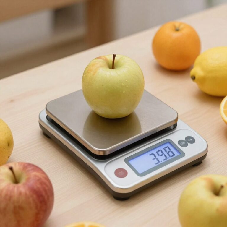 평평한 테이블 위에 놓인 카스 전자저울로 과일 무게를 측정하는 모습