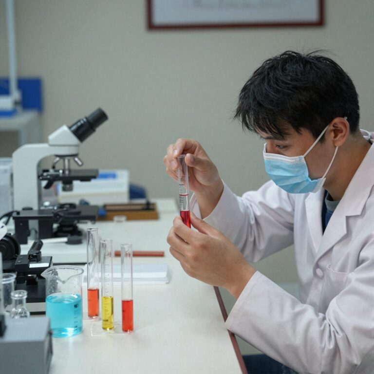 시험관에 다른 색의 용액이 담겨 있고 pH 측정기를 사용하는 모습