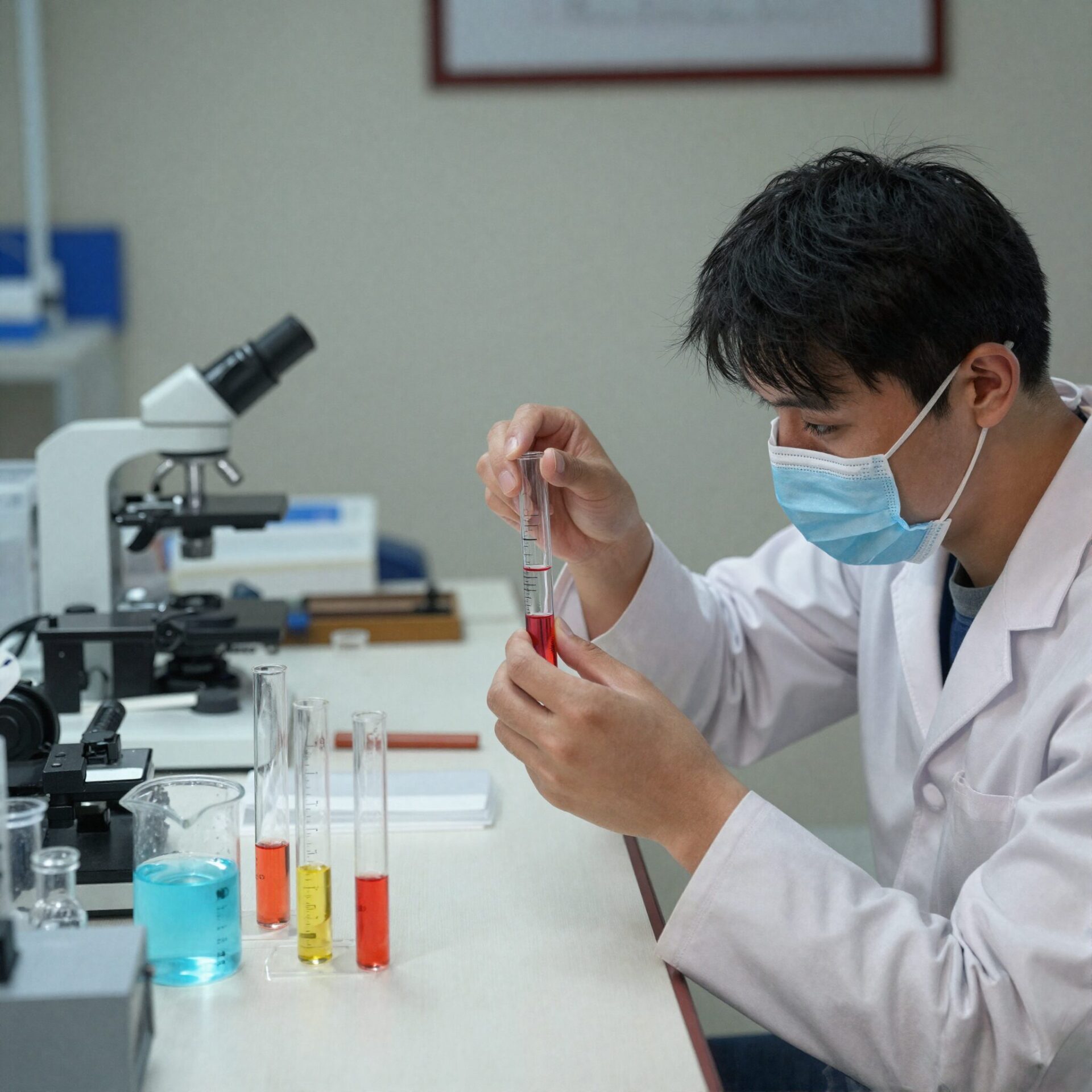 시험관에 다른 색의 용액이 담겨 있고 pH 측정기를 사용하는 모습