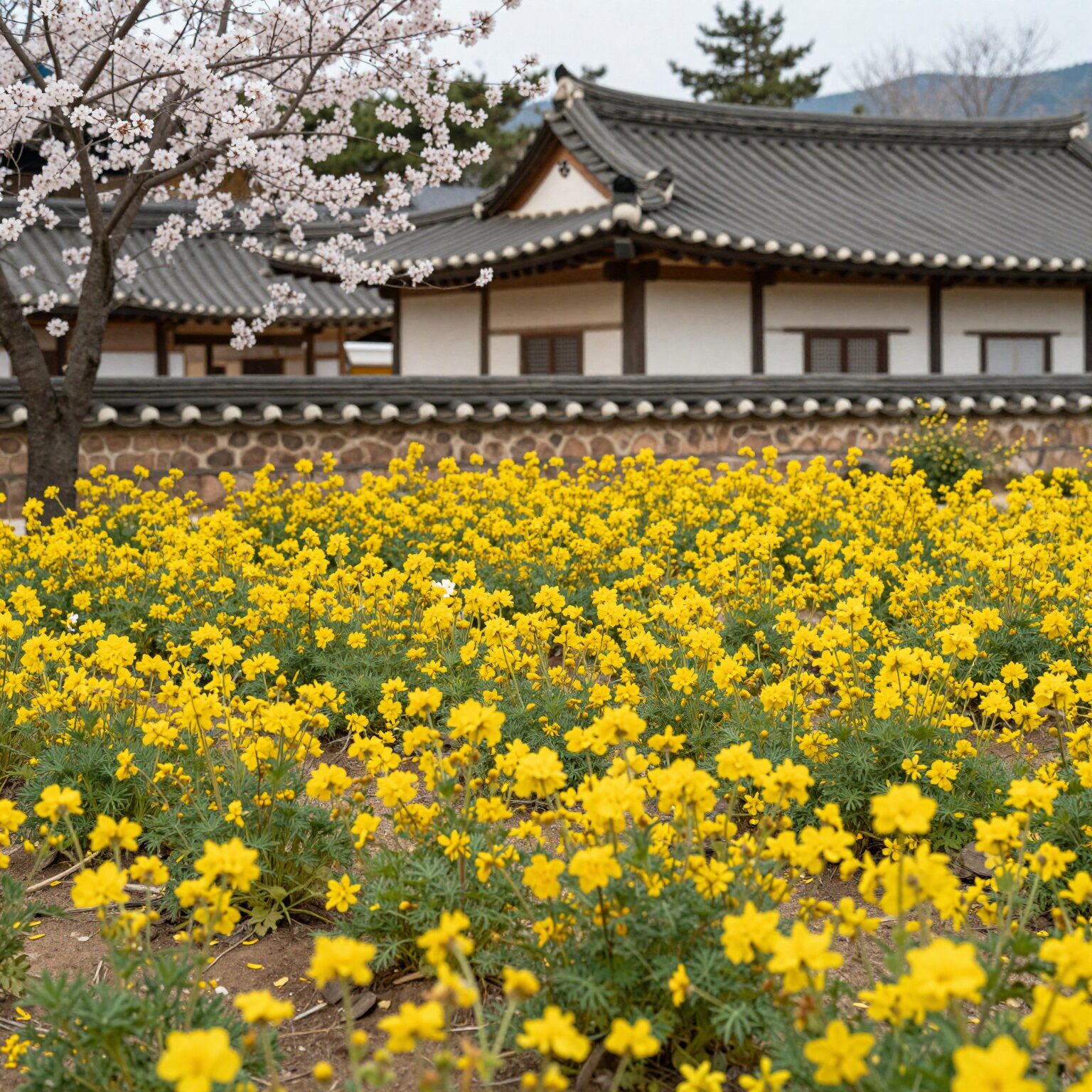 서산 유기방가옥 전통 한옥과 노란 수선화가 어우러진 봄 풍경