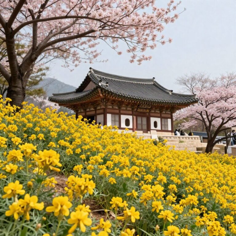 응봉산 팔각정 주변에 만개한 노란 개나리와 분홍색 벚꽃이 함께 피어있는 봄 풍경