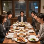 드라마 모범택시 출연진 이제훈 배유람 김의성 표예진 장혁진이 모여 회식하고 있는 모습