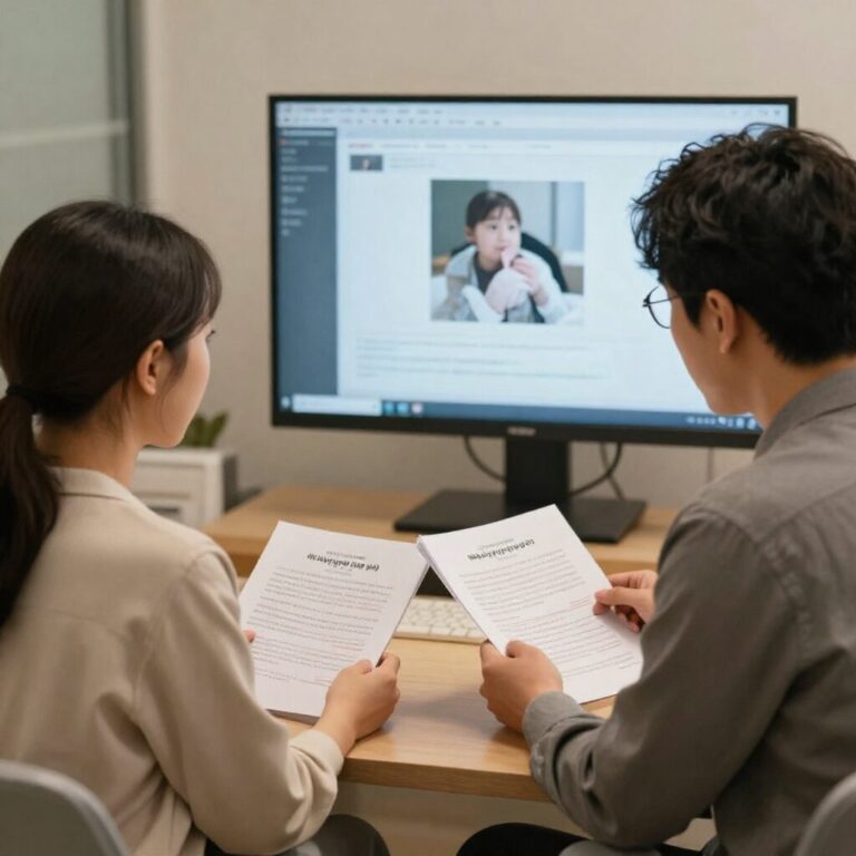 두 명의 예비 부모가 태아보험 상담 자료를 비교하며 이야기하는 모습