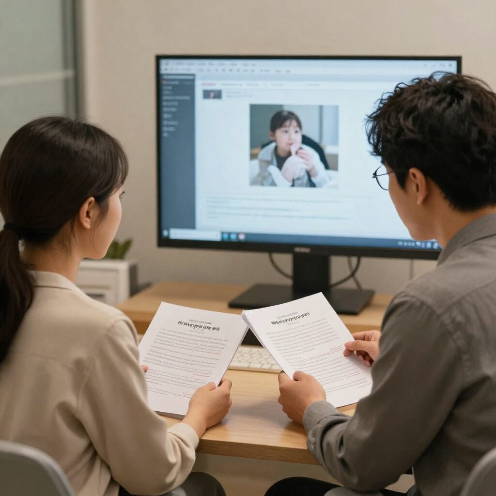 두 명의 예비 부모가 태아보험 상담 자료를 비교하며 이야기하는 모습