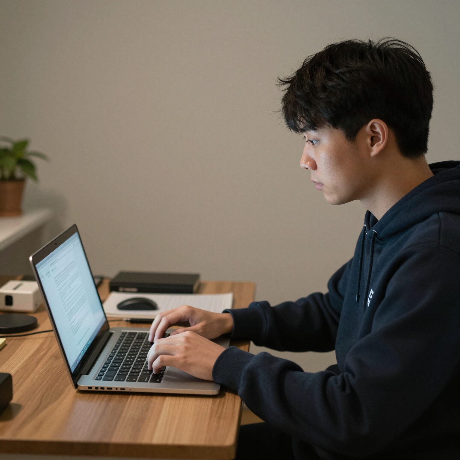 노트북으로 온라인 강의를 들으며 소방공무원 시험을 준비하는 모습