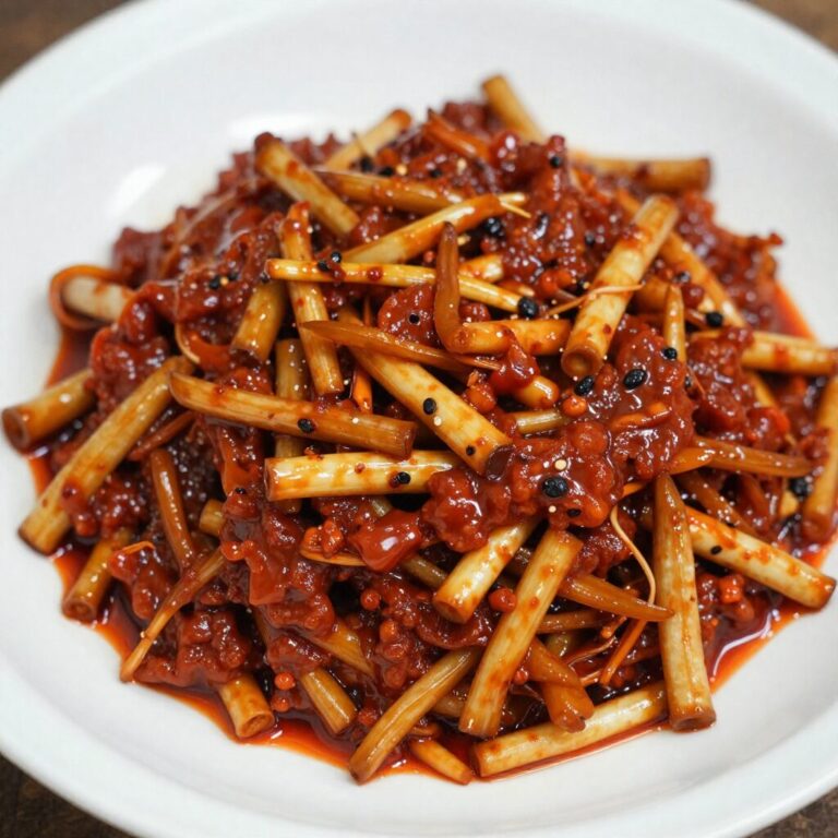 접시에 담긴 고추장 마늘쫑무침 요리 완성 사진