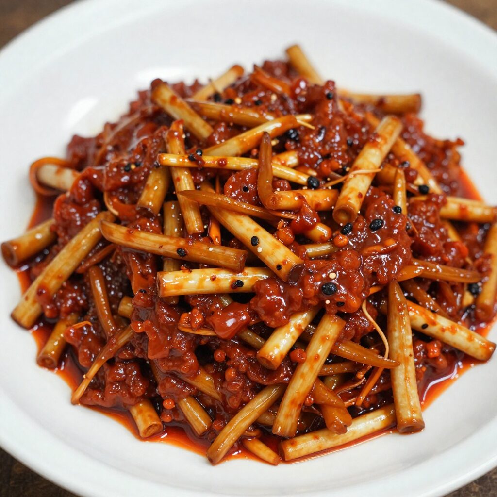 접시에 담긴 고추장 마늘쫑무침 요리 완성 사진