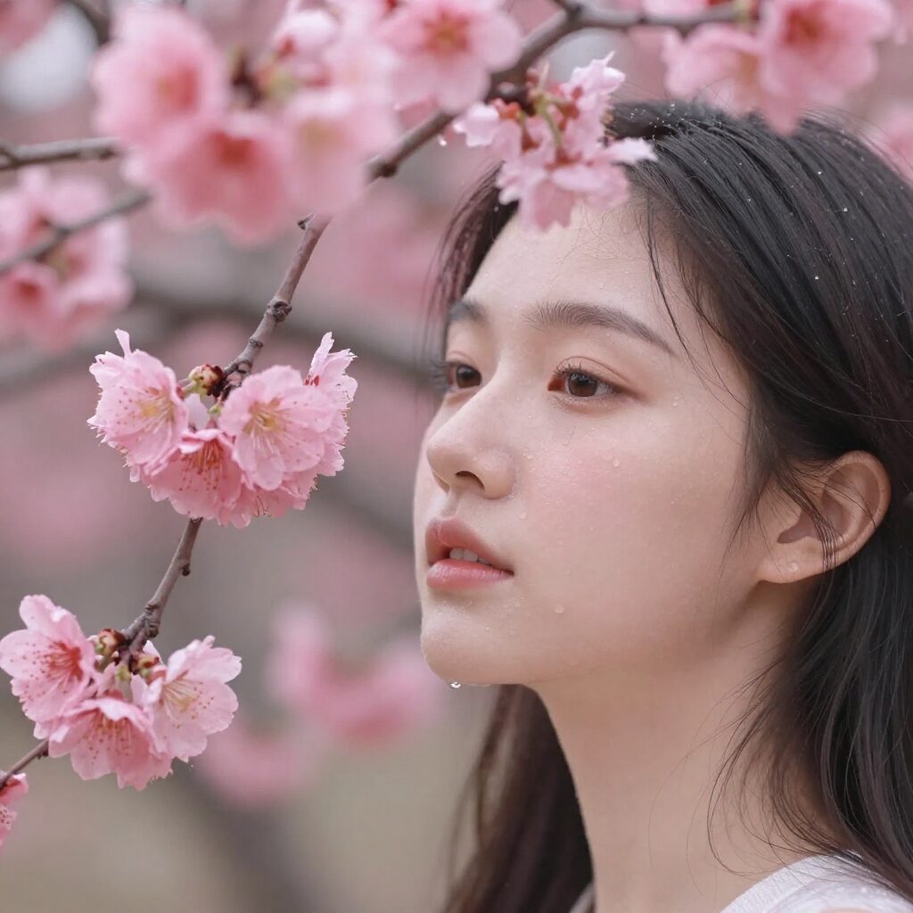 비에 젖어 촉촉한 빛을 띠는 분홍색 매화꽃 가지