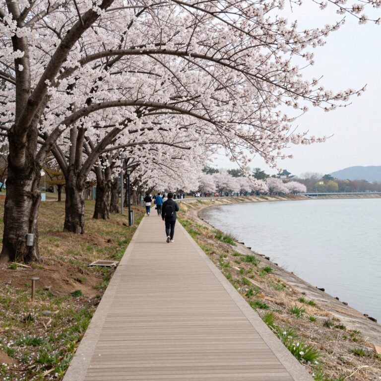 서산 고남저수지 데크길과 벚꽃나무 풍경