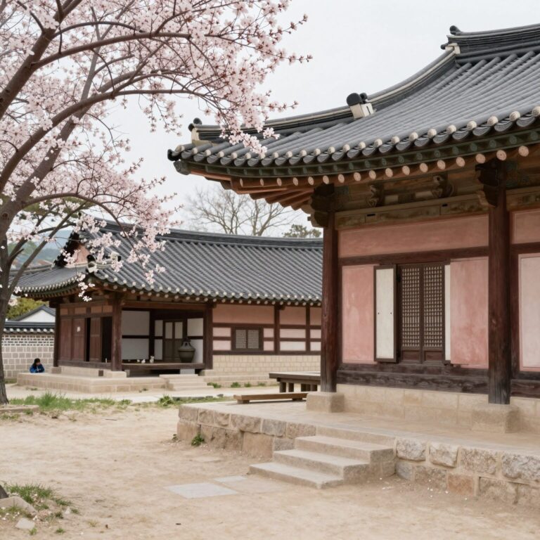 강화 고려궁지 내 조선 시대 건물과 봄꽃이 어우러진 풍경