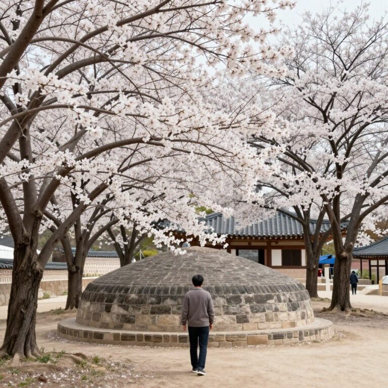 봄날 경주 대릉원의 하얀 목련이 활짝 핀 모습과 고분 풍경