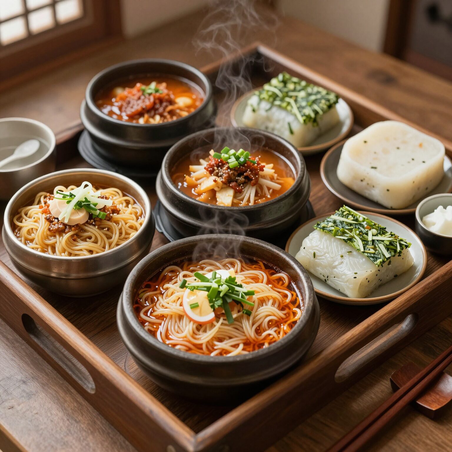 한식날 전통 음식 한식면과 쑥떡이 담긴 상차림