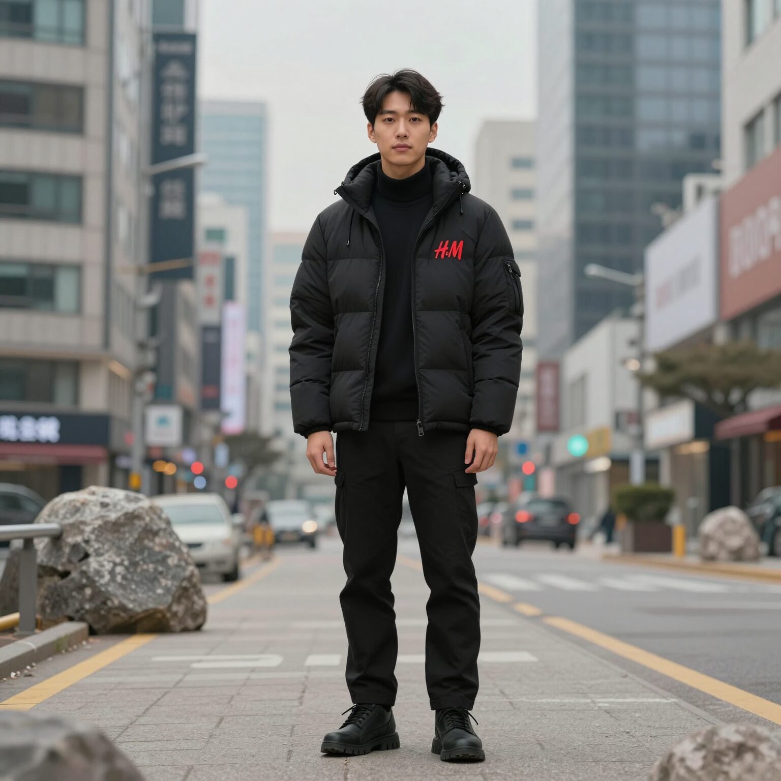 H&M 항공점퍼 블랙 컬러 착용 사진 배경은 도시 스타일