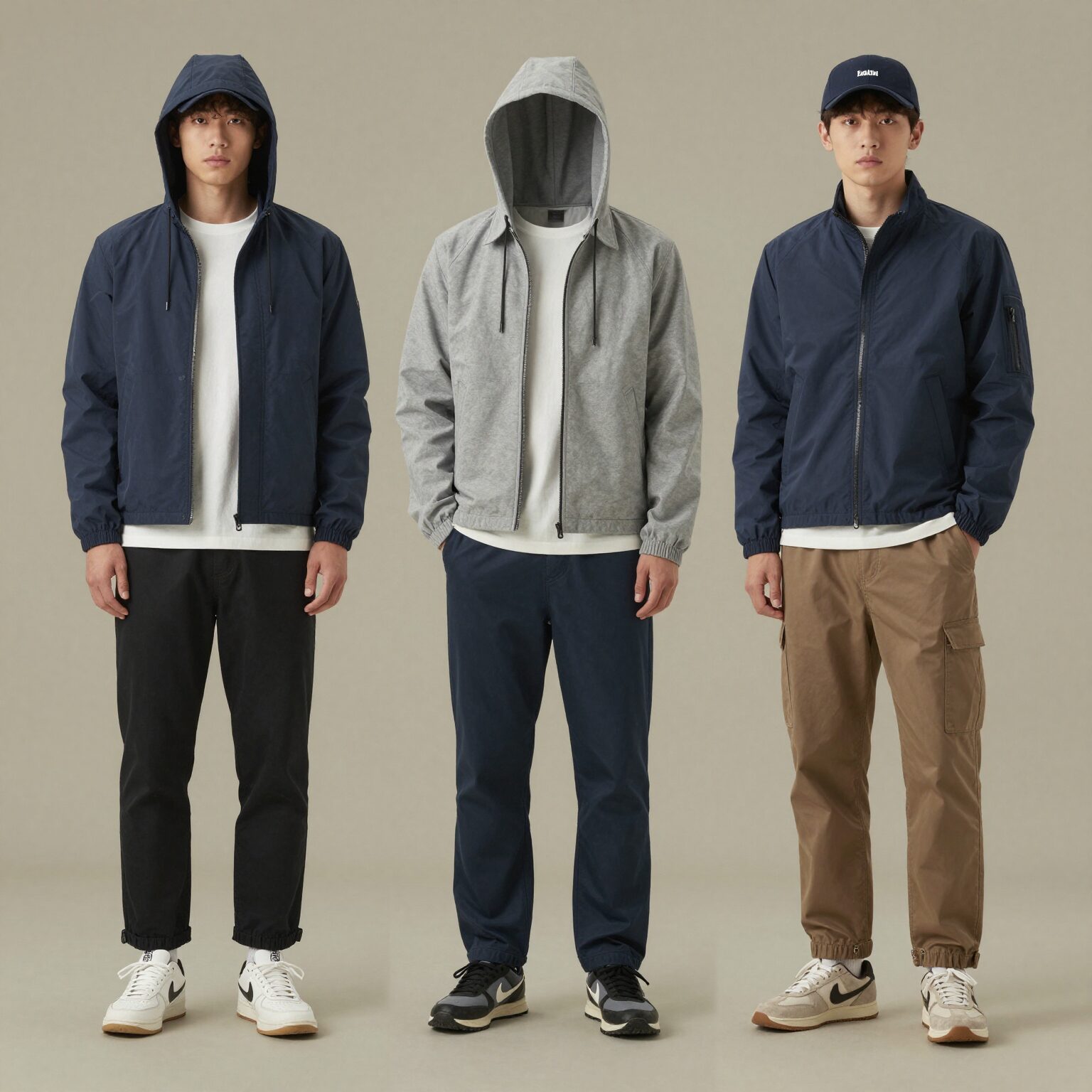 후드 청자켓과 다양한 하의 매치 예시