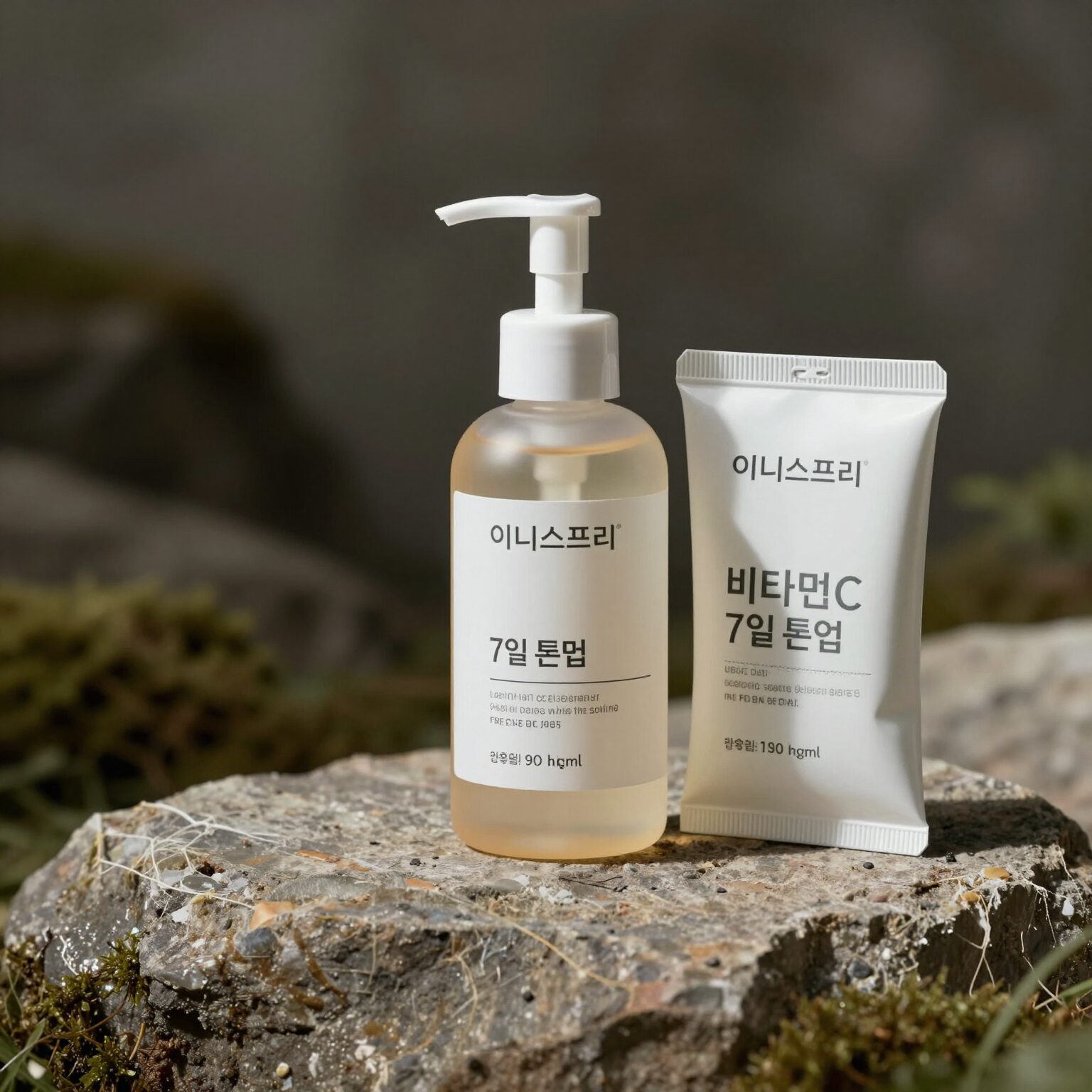 이니스프리 비타민C 7일 톤업 세럼 병과 리필팩이 나란히 놓여 있는 사진