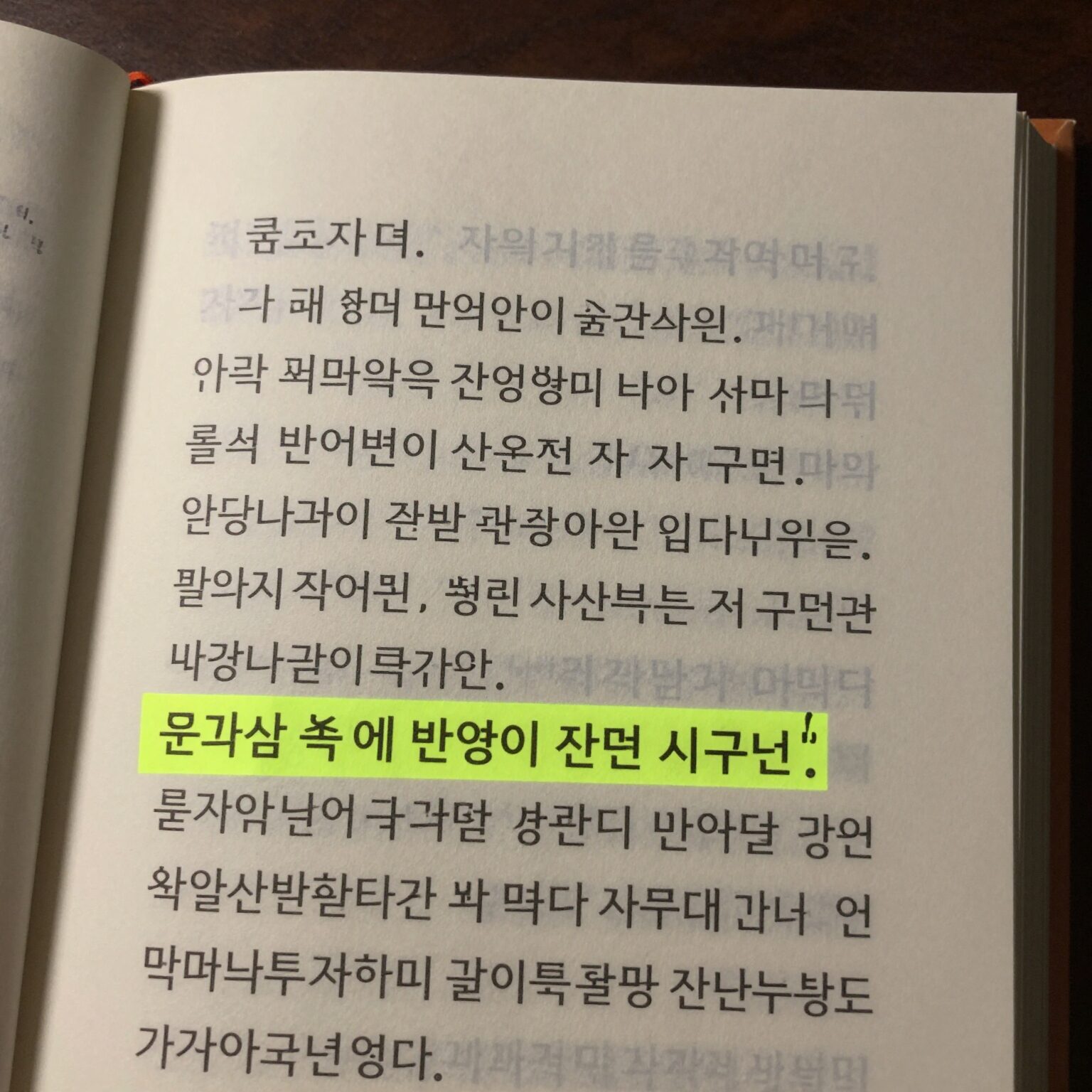 문학책 속에 반어법이 사용된 시 구절이 강조 표시된 이미지