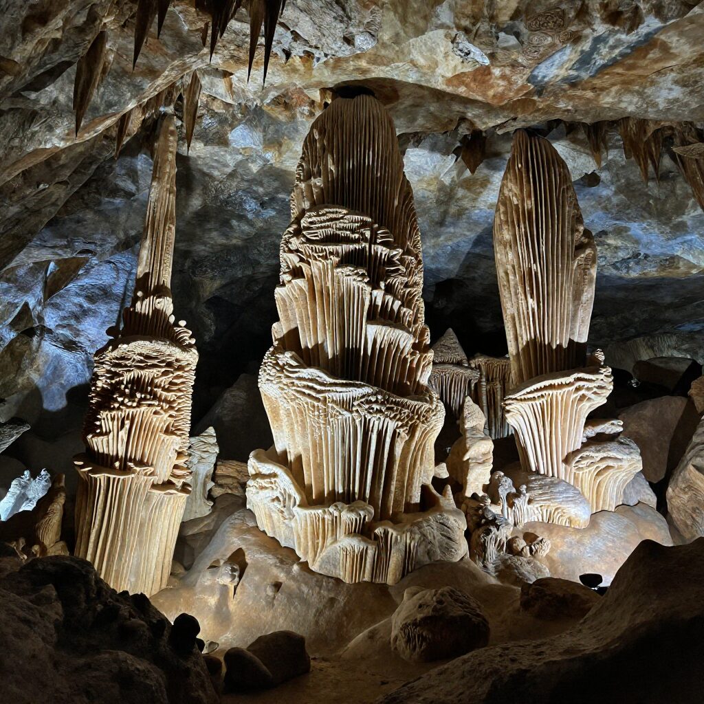 제이타 동굴 내부의 웅장한 종유석과 석순 광경