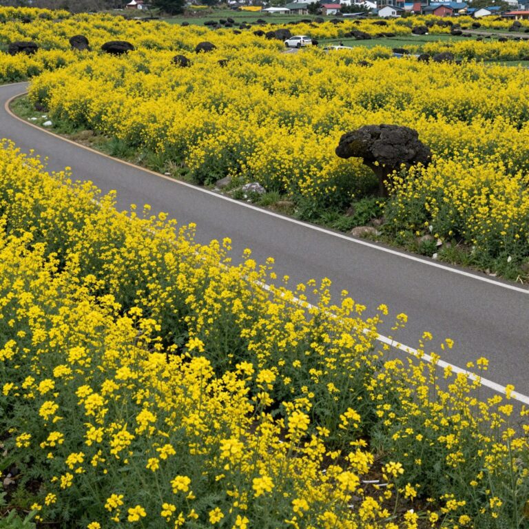 제주도 녹산로의 노란 유채꽃밭과 드라이브 도로