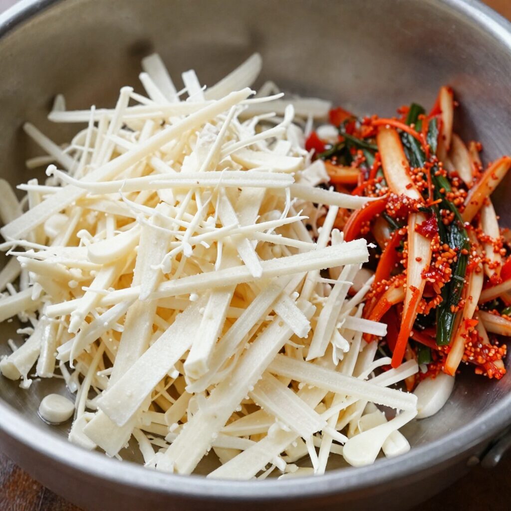 깨끗이 씻어서 썰어놓은 돼지감자와 장아찌 양념 재료들