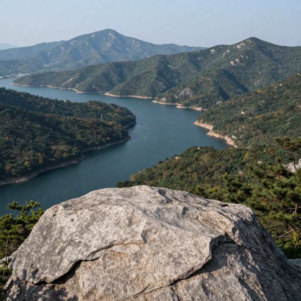 봄을 알리는 광양 쫓비산 산행과 매화마을 산책 코스 쫓비산 정상 전망대에서 바라본 섬진강과 주변 산맥 풍경