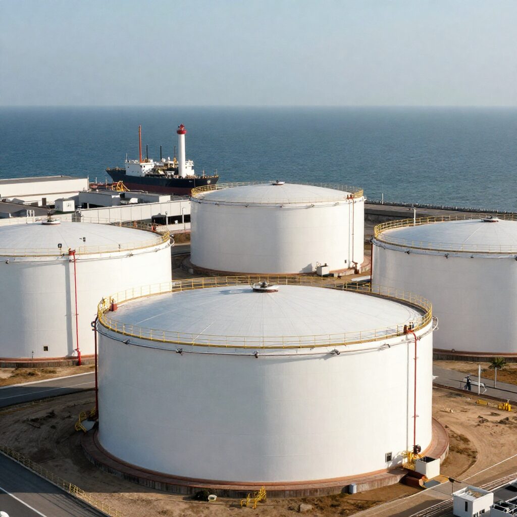 이란 하르그 섬의 거대한 원유 저장 탱크와 선적 시설