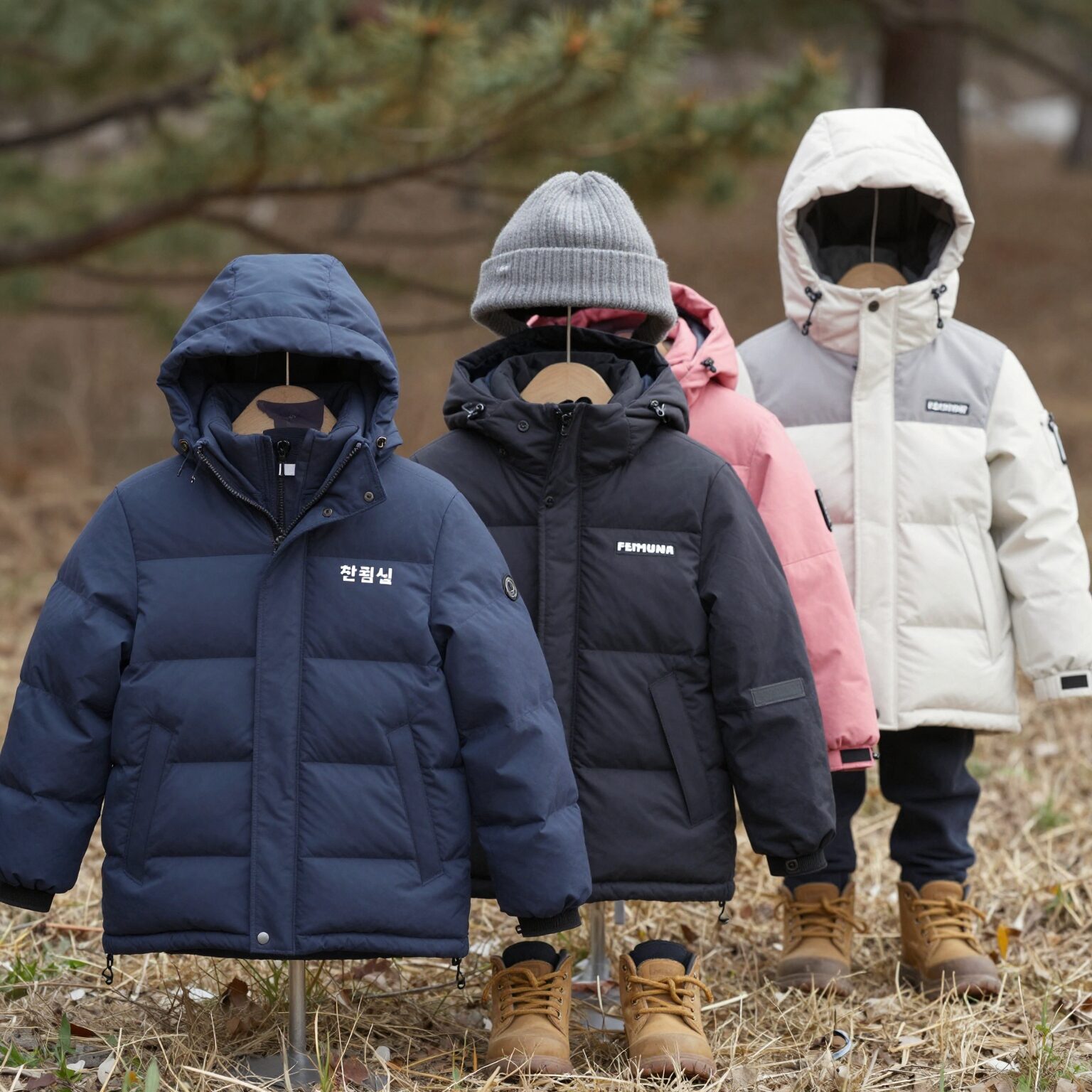 여러 브랜드의 키즈 패딩 점퍼를 나란히 놓고 비교한 사진
