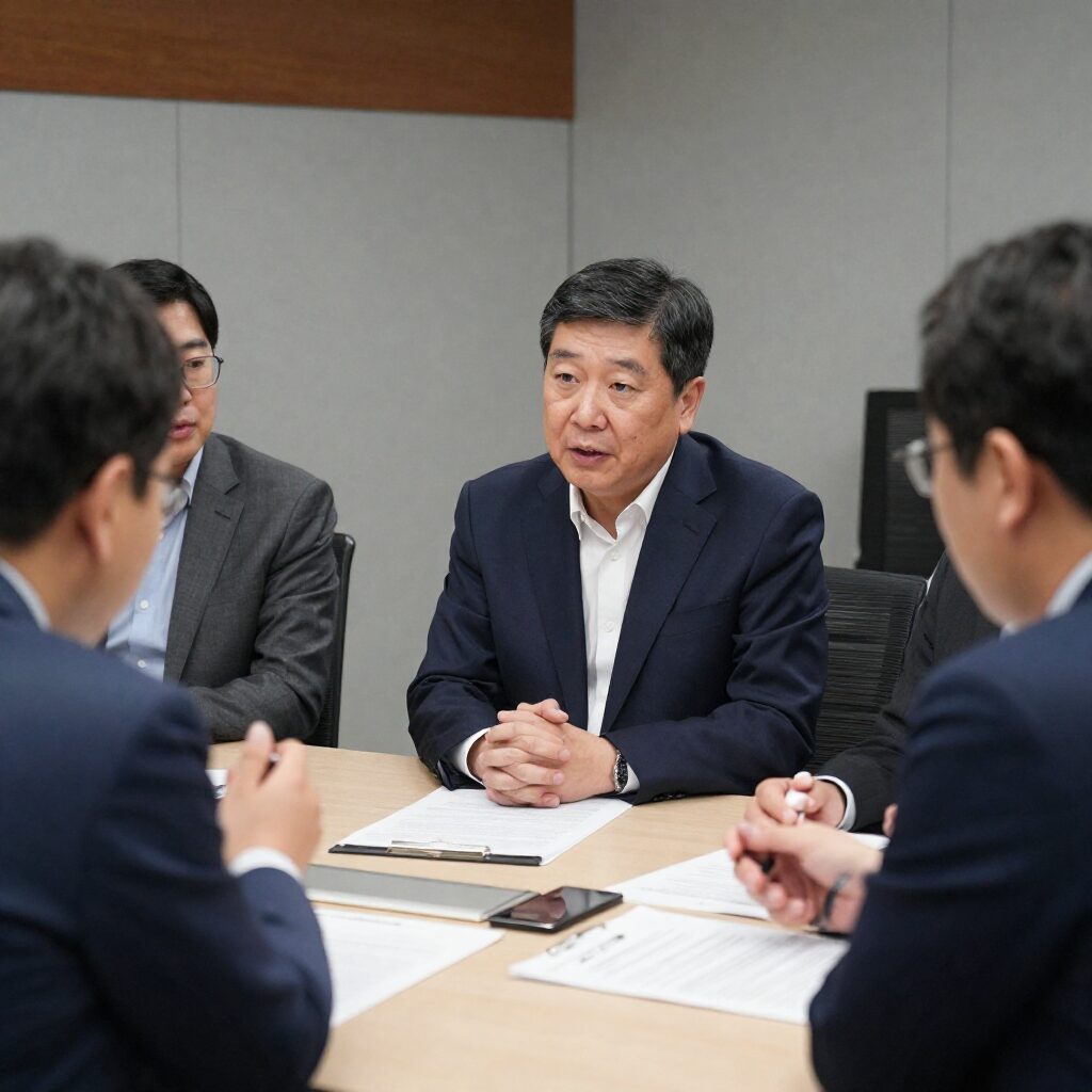 김정관 산업부 장관이 산업 현장을 시찰하며 관계자들과 의견을 나누는 모습