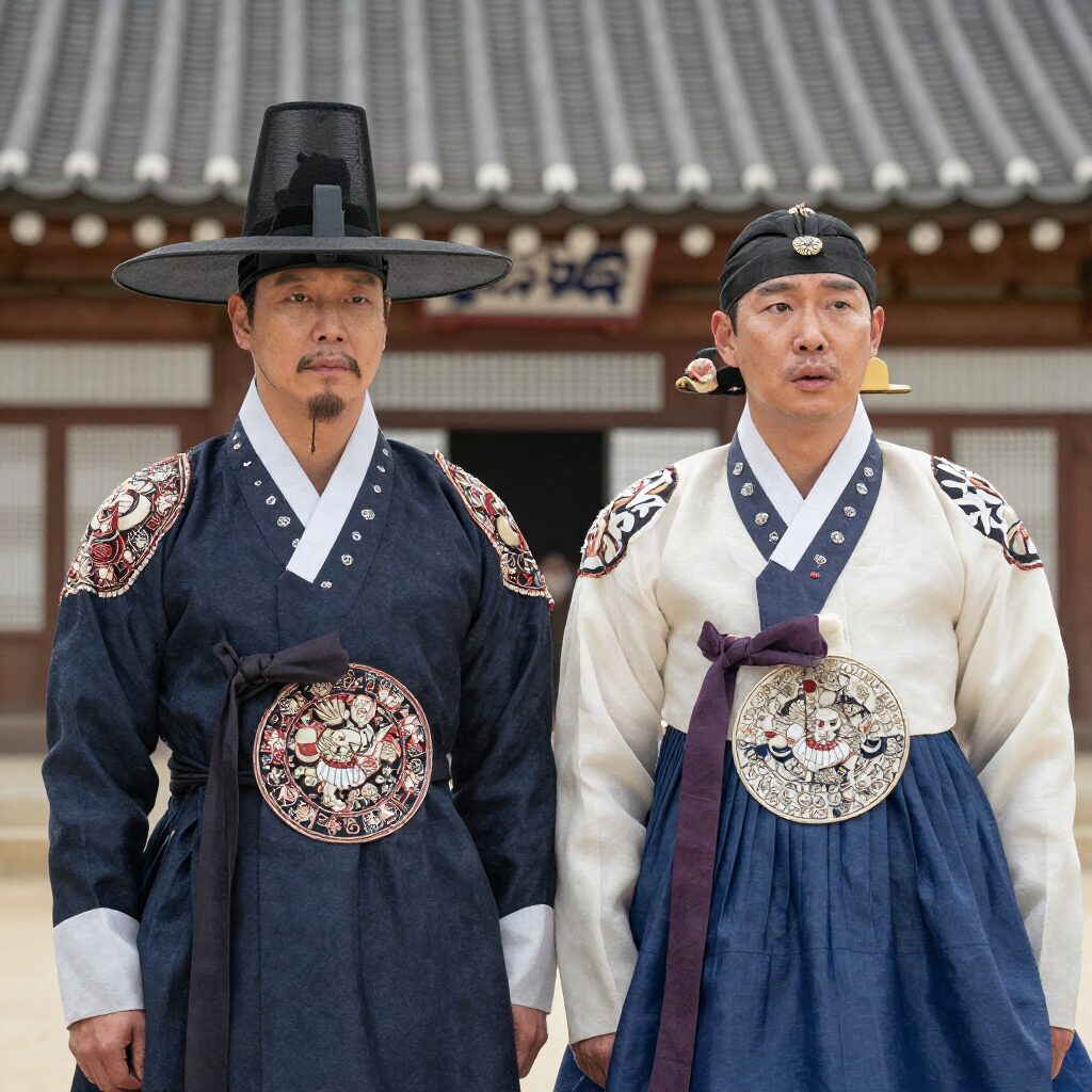 영화 왕과 사는 남자에서 박지훈이 연기한 단종과 유해진이 연기한 엄흥도가 청령포 배경 앞에 서 있는 장면