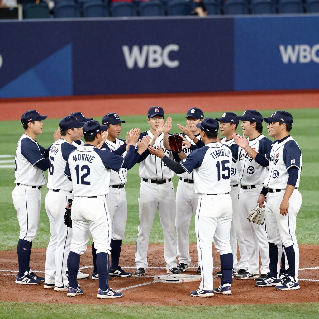 2026 WBC 한국 야구 대표팀 8강 진출 후 선수들이 함께 승리를 축하하는 모습