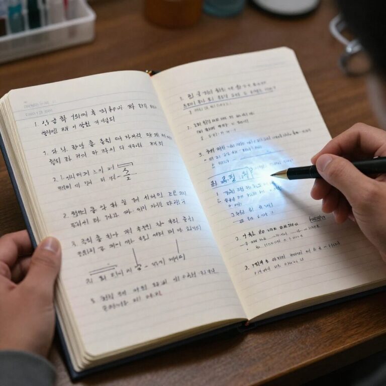 실험 노트에 적힌 다양한 데이터와 고찰 초안이 적힌 필기