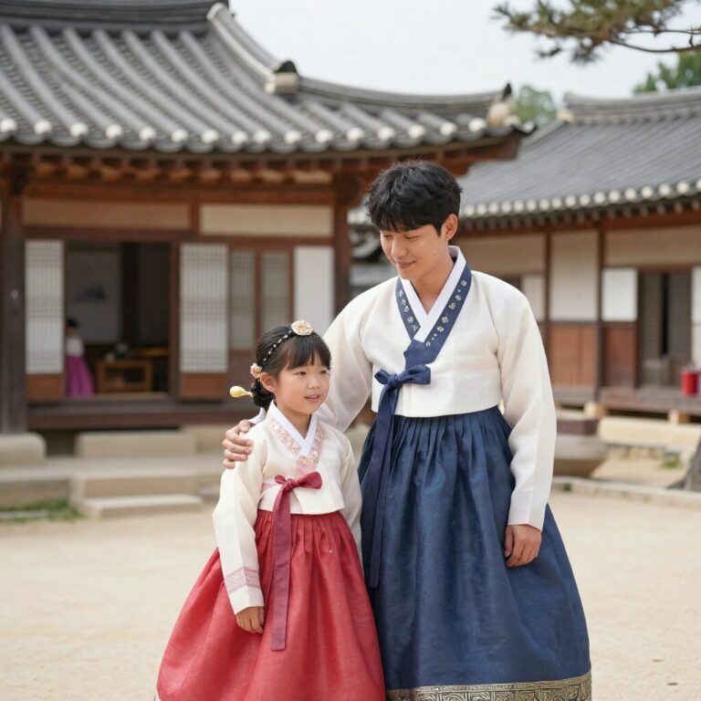 가수 이지훈과 딸 루희가 전통 한복을 입고 한옥 정원에서 찍은 가족 사진